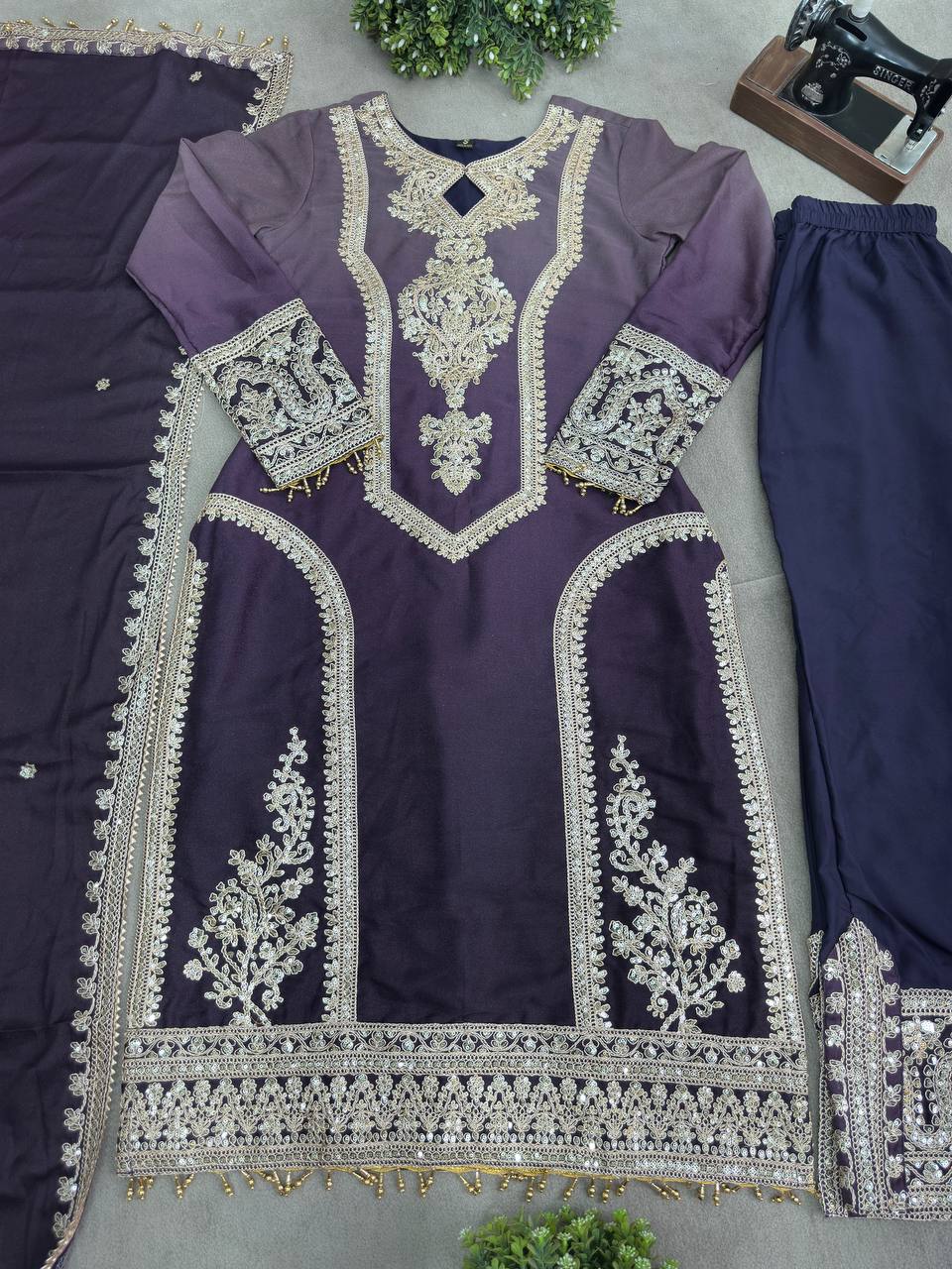 Star Georgette Embroidered Top with Crêpe Bottom & Dupatta Set