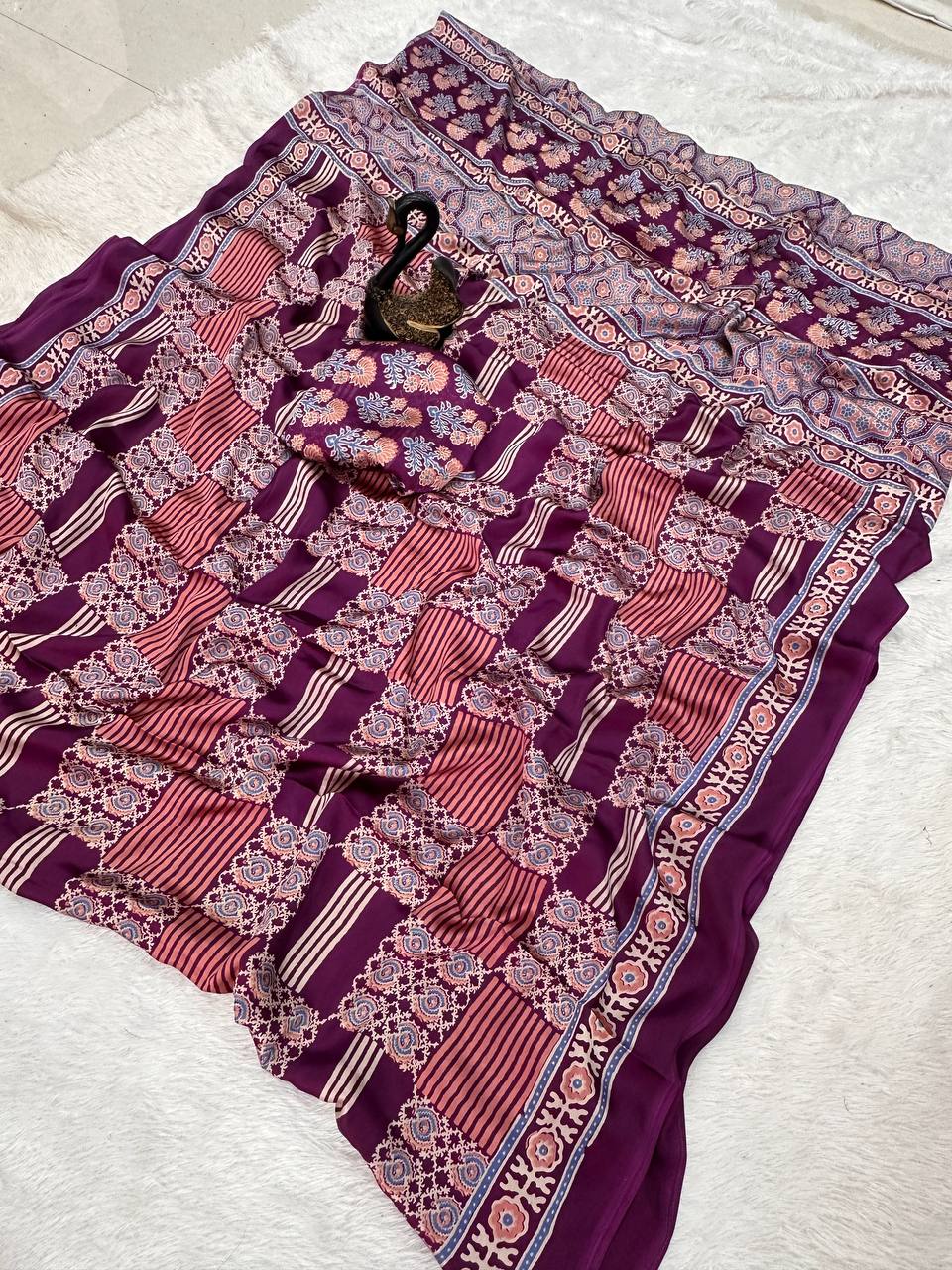 Authentic Saree Crafted in Semi Gaji Silk with Ajrakh Bandhej Art