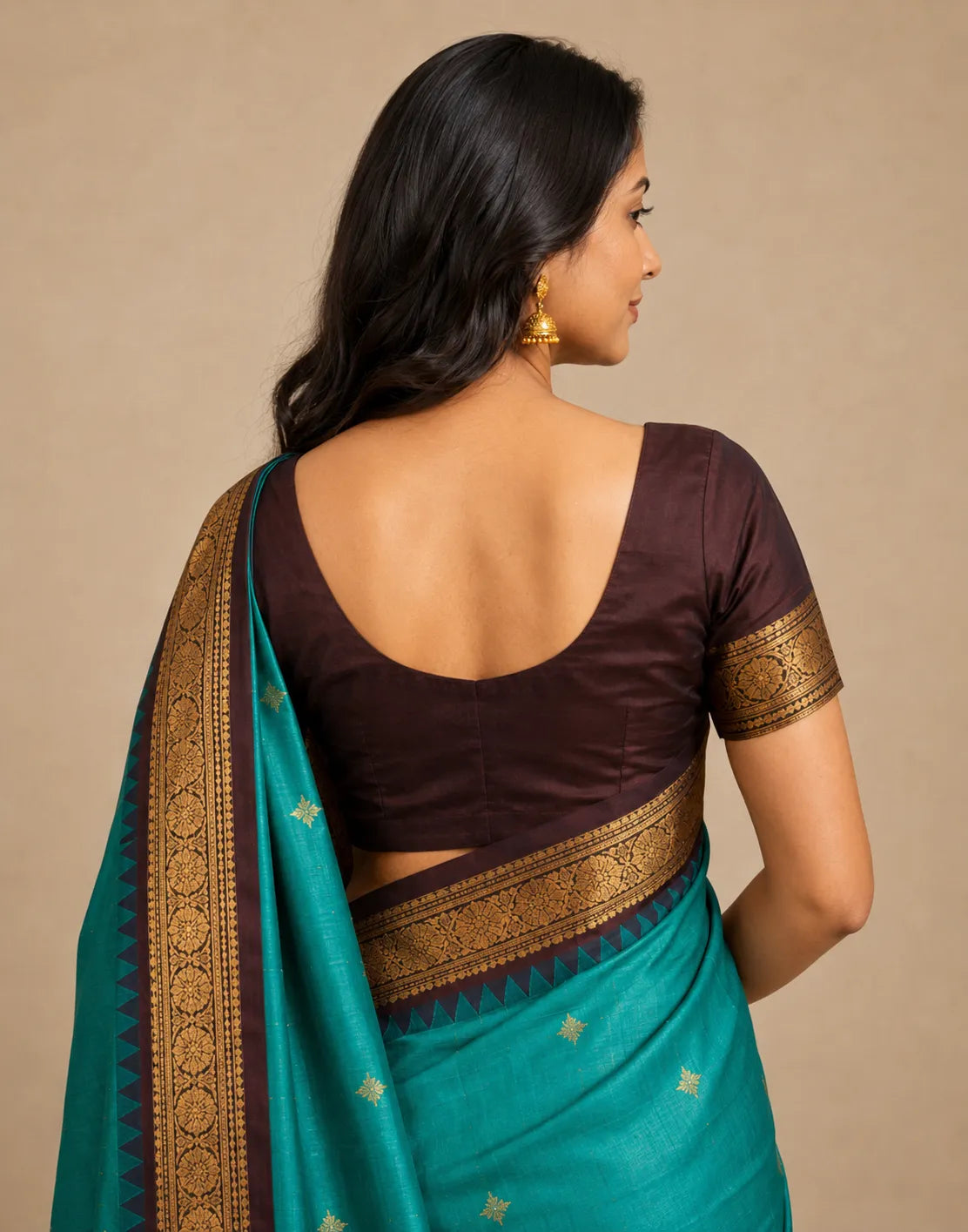 Turquoise-Cofee Silk Saree