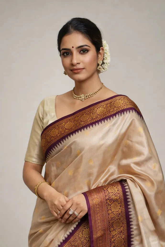 Woman wearing a traditional saree with a plain background