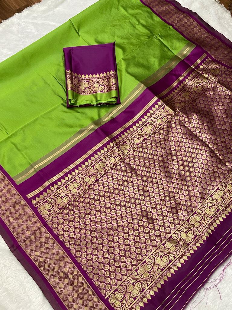 Green Silk Saree with Purple Zari Border