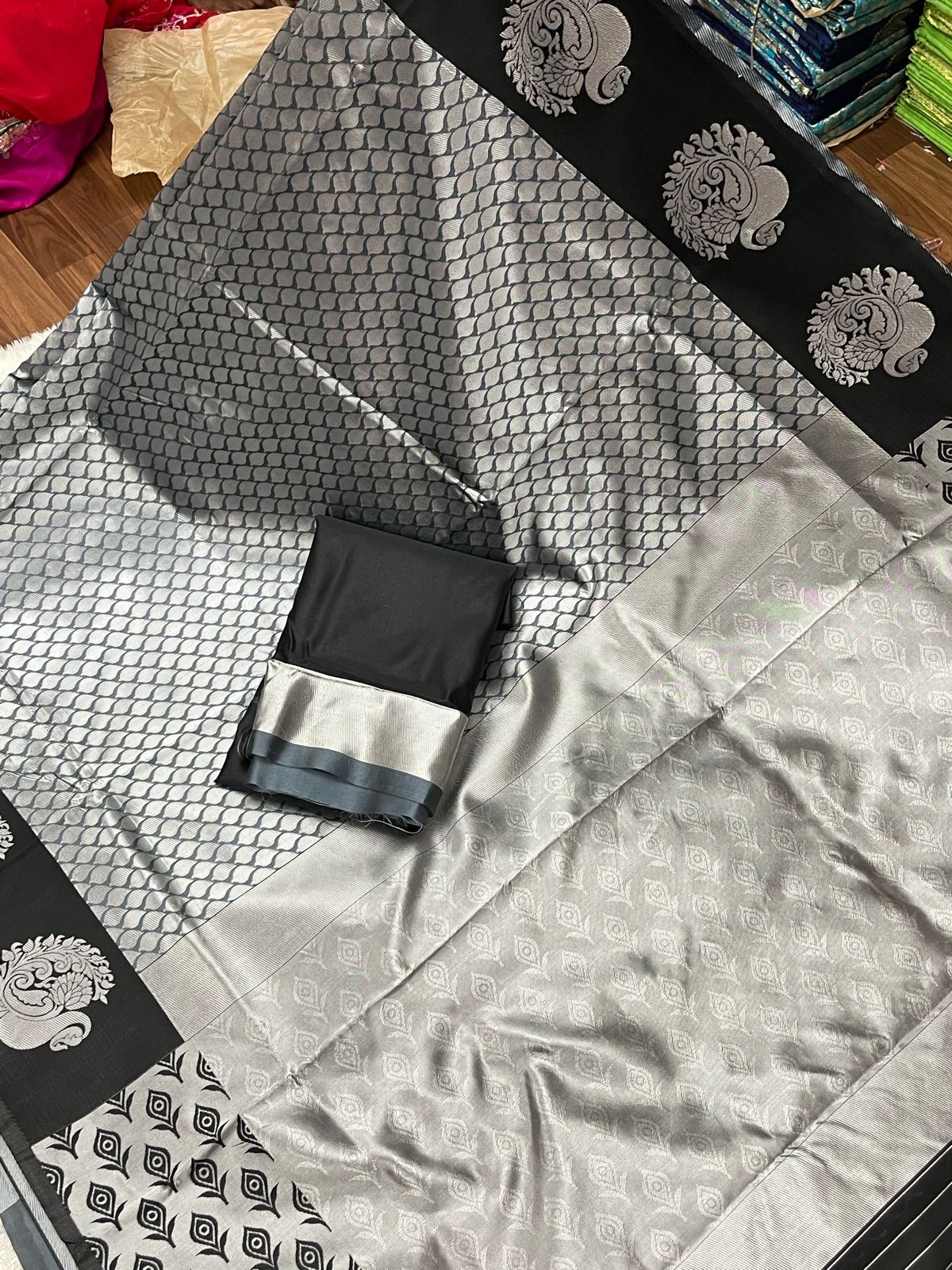 Black and Grey Printed Saree with Statement Motifs