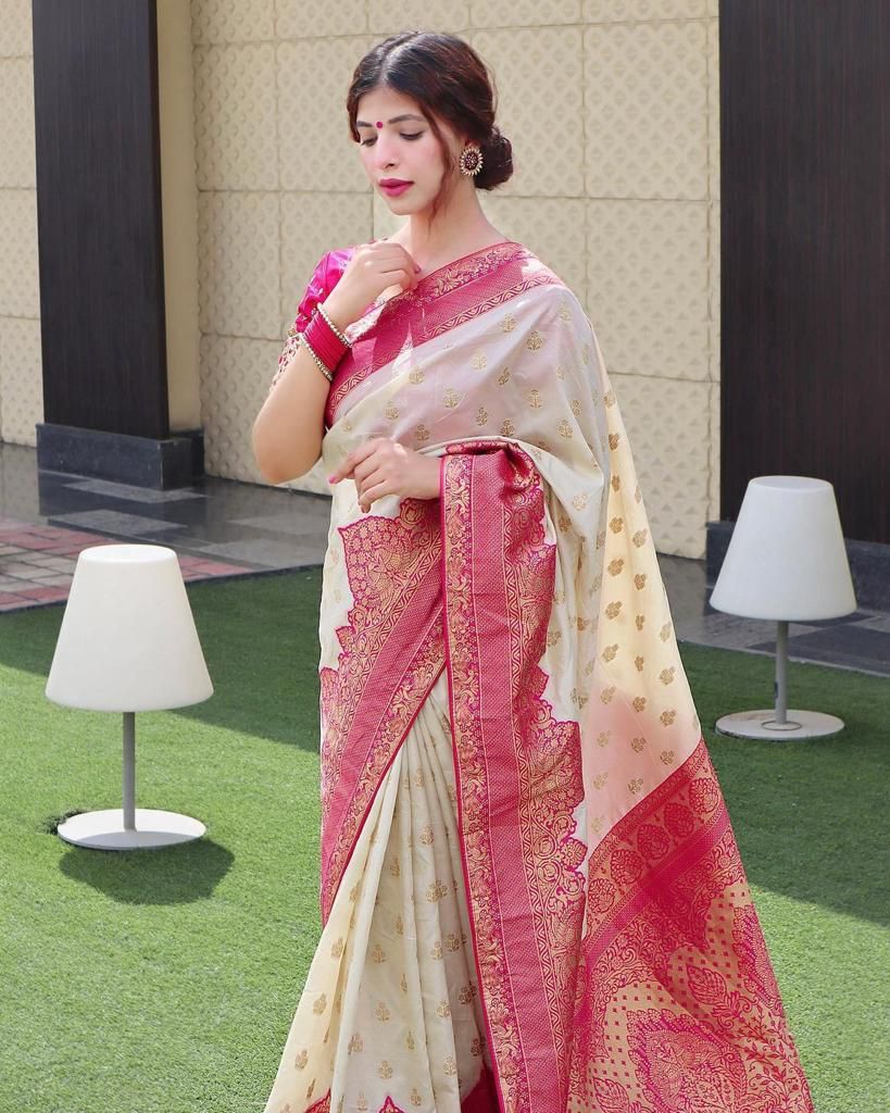 Elegant Cream Silk Saree with Rich Pink Zari Border