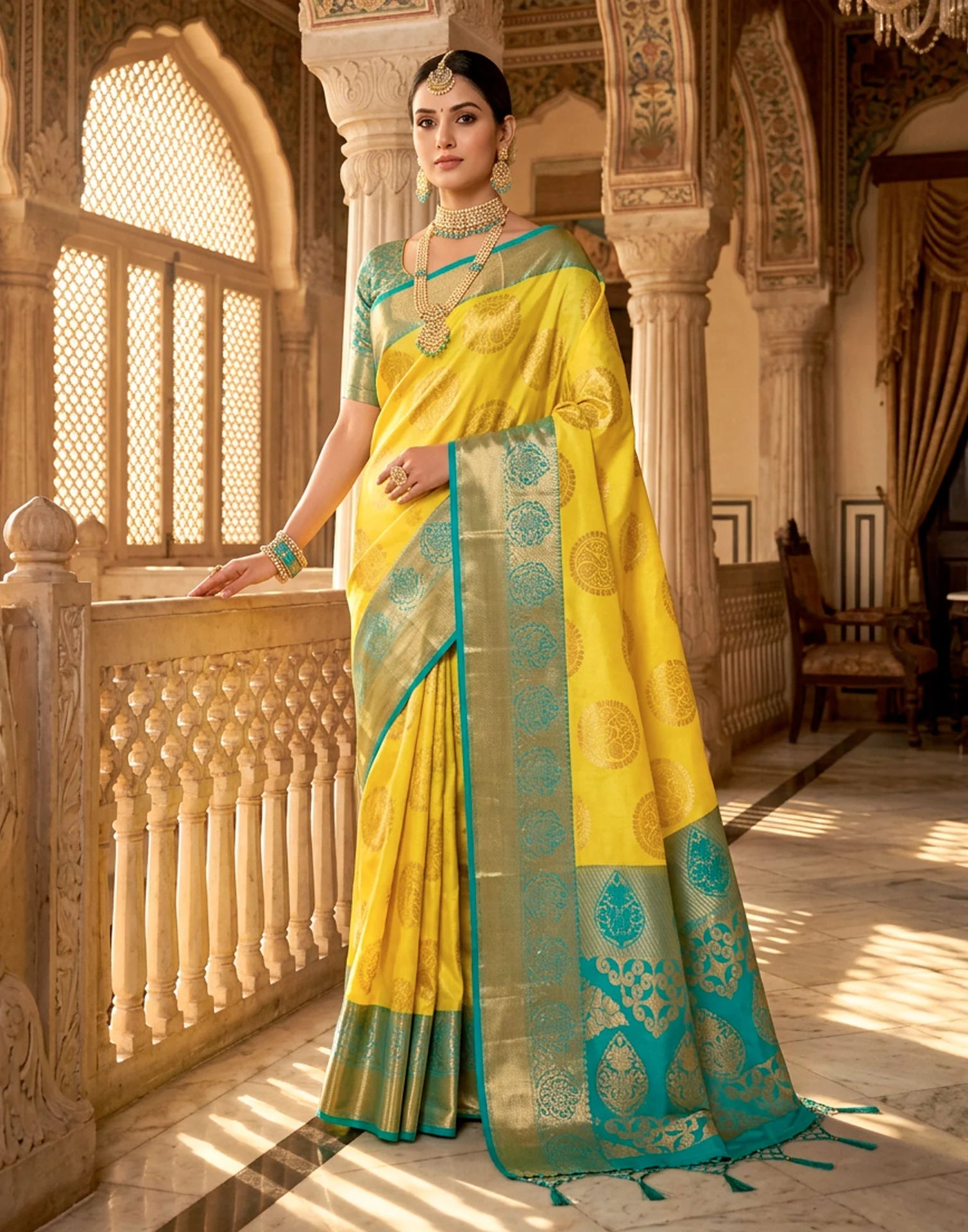 Yellow and Teal Silk Saree with Woven Motifs