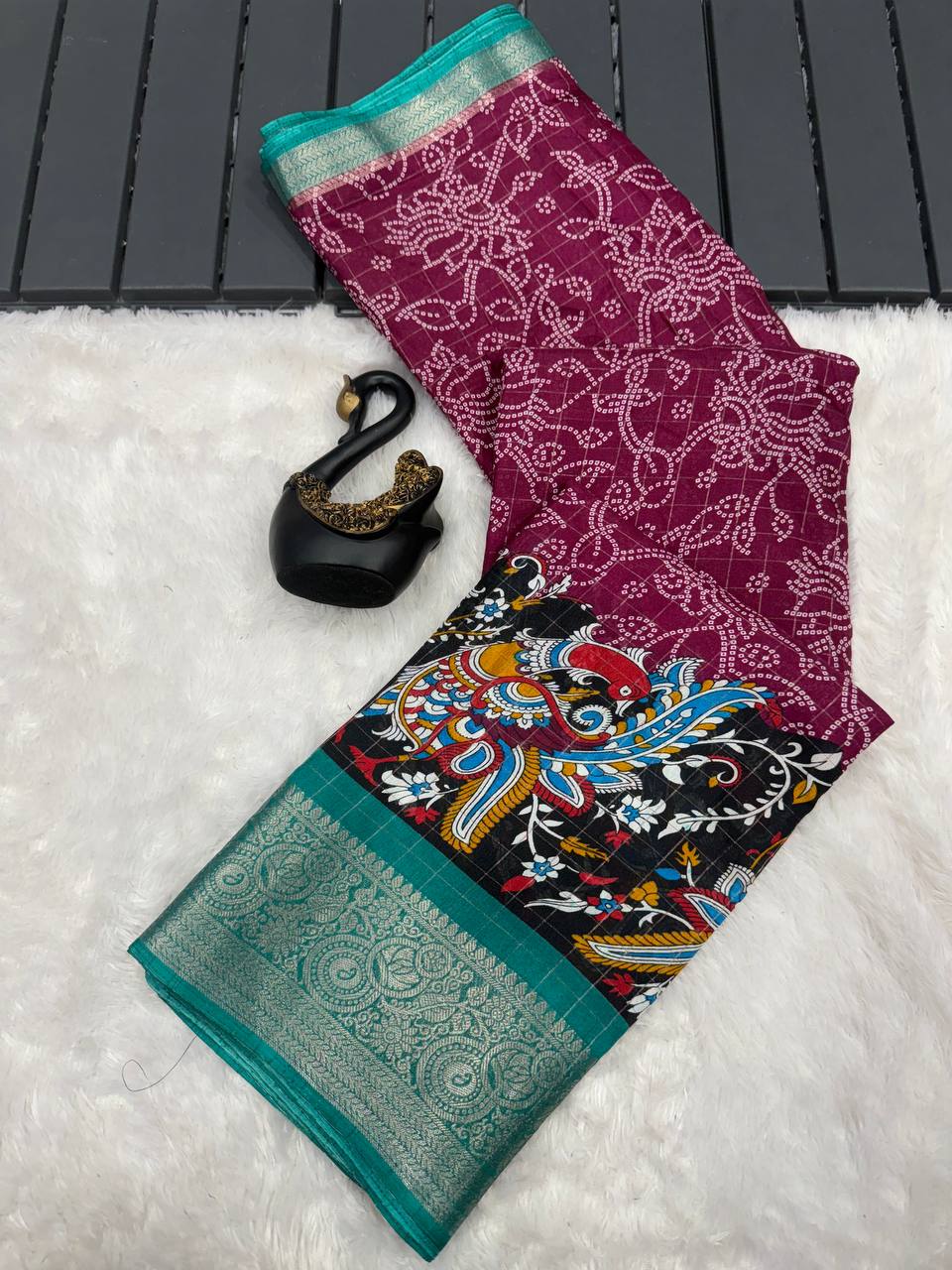 Lightweight Mangalagiri Dola Saree with Print Checks & Kalamkari Pallu