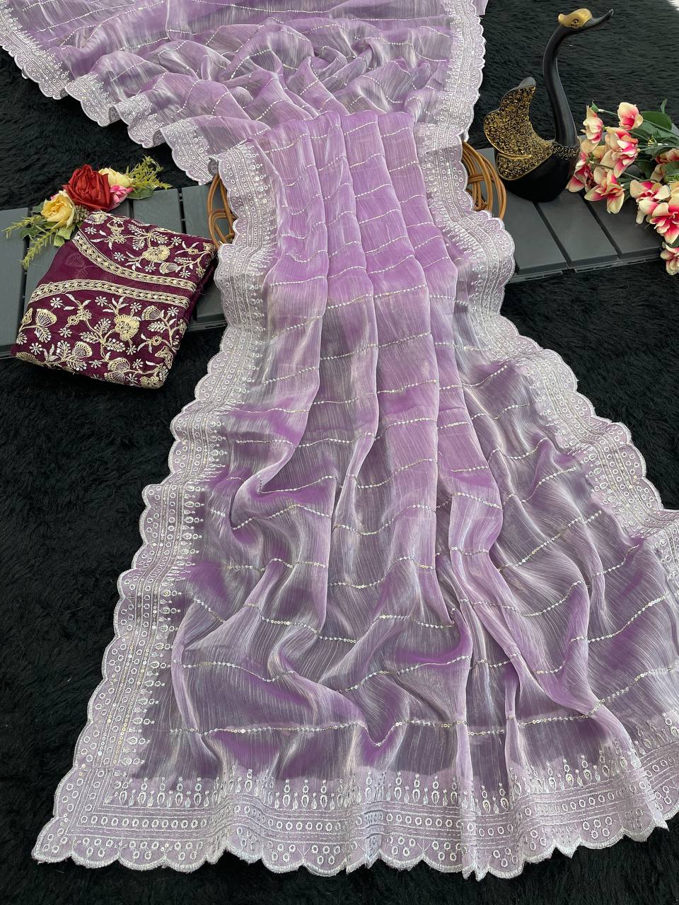 Soft Burberry Fabric Designer Saree with Sequins & Zari Work
