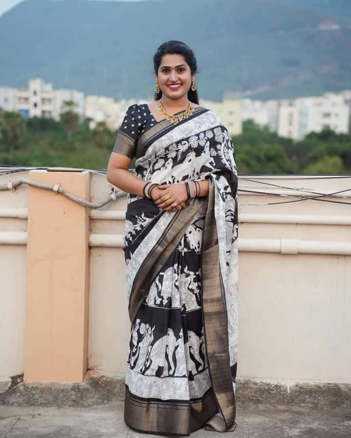 Dola Silk Kalamkari Saree with Jacquard Border