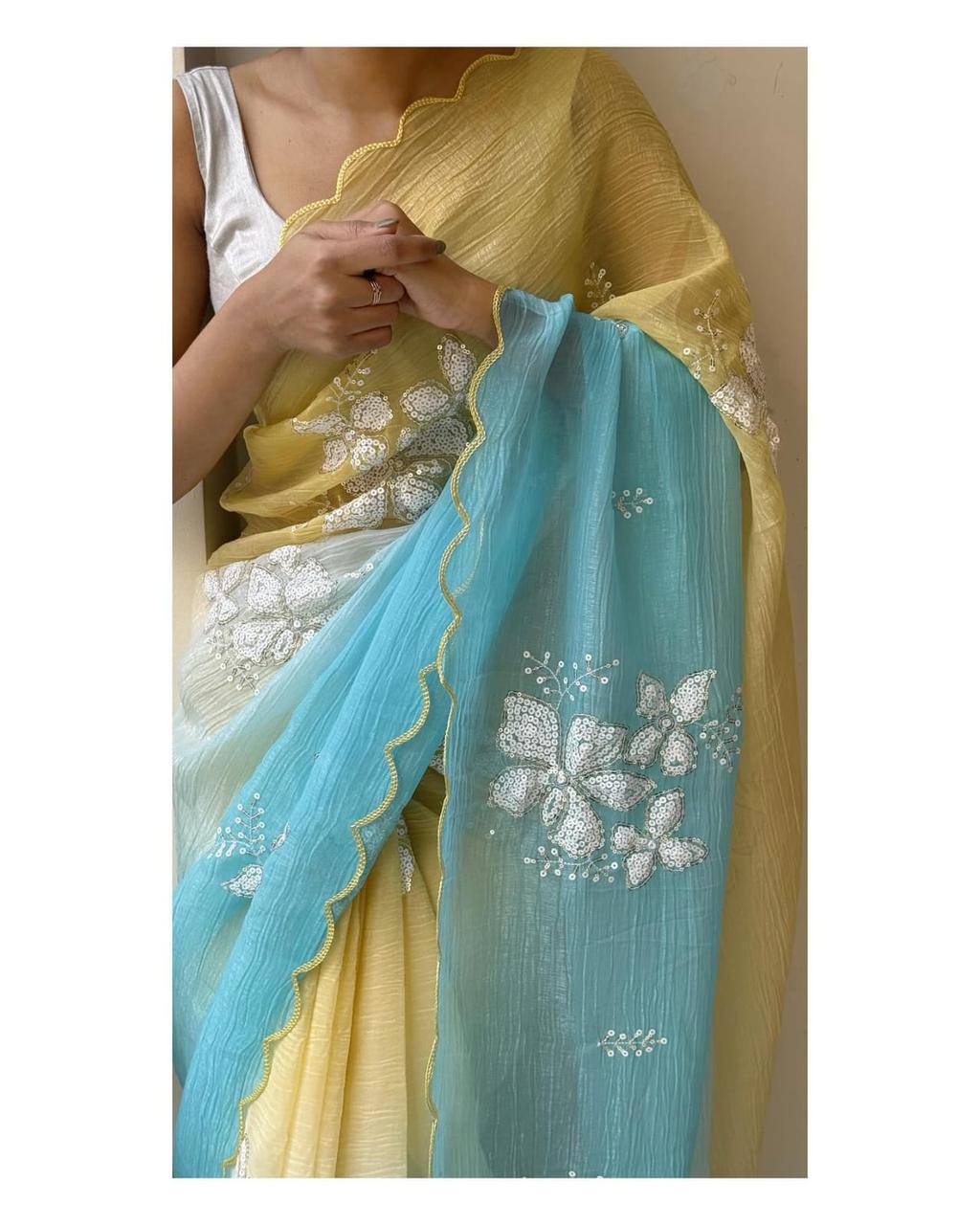 Soft Shaded Crunchy Fabric Designer Saree with Dual Sequins Work