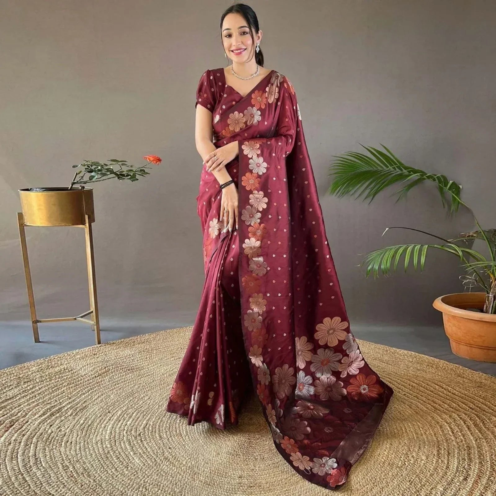 Stunning Soft Lichi Silk Saree With Rich Pallu & Jacquard Blouse