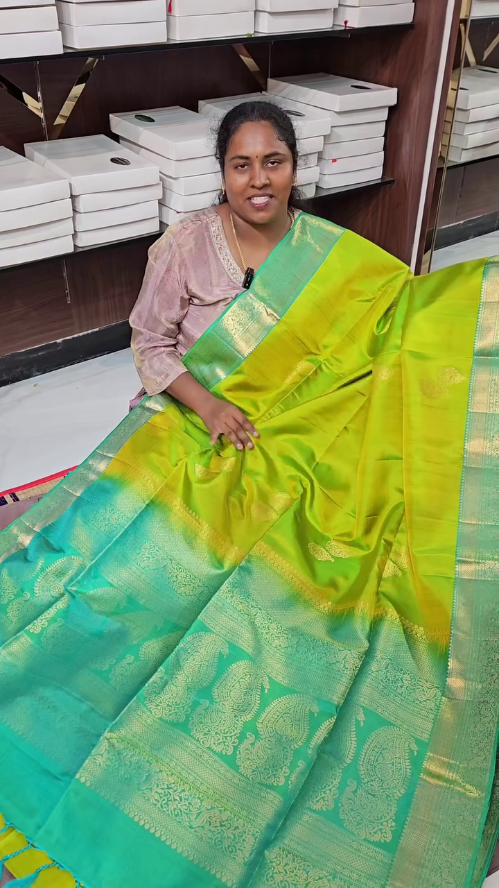 Lime Green Lichi Silk Saree