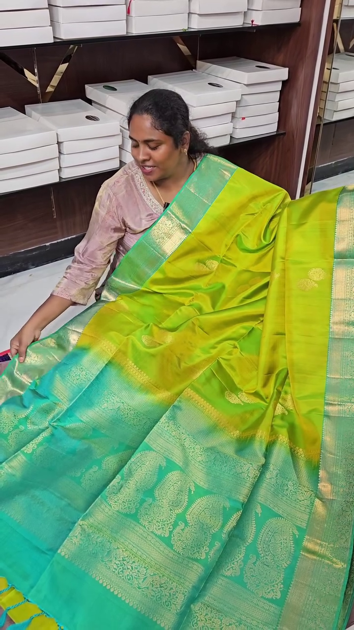 Lime Green Lichi Silk Saree